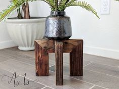 a potted plant sitting on top of a wooden stool