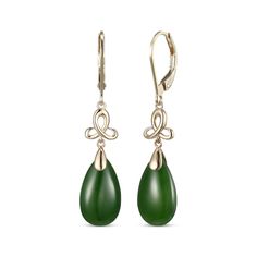 These nephrite jade dangle earrings add an intriguing touch of elegance to your wardrobe. Crafted in 14K yellow gold Each earring features a trefoil bridge that holds a pear-shaped nephrite jade drop The earrings secure with lever backs Teardrop Dangle Earrings, Nephrite Jade, Accessories Jewelry Earrings, Pear Shaped, Women's Earrings, Apparel Accessories, Pear, Jade, Jewelry Accessories