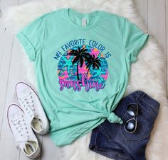 My favorite color is sunshine T-shirt, Cute Graphic Tee, Funny Wife Gift, Vacation shirt, Beach Shirt, Tropical tee, Oh Hey vacay Unisex T Shirt  is made of super soft  lightweight cottonT-shirt is made of Pre-shrunk 100% ultra soft cotton, runs true to size, unisex standard fit shirt» Deep Heather is 52/48 combed and ringspun cotton/polyester,» Sport grey and Black Heather are 90/10 combed and ringspun cotton/polyester» Prism Colors: 99% combed and ring-spun cotton, 1% polyester» light colors w Beach Shirt Design, Funny Wife, Wife Humor, Family Vacay, Gorgeous Outfits, Cute Graphic Tees, Southern Shirts, My Favorite Color, Smart Things