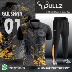 an image of a black and yellow uniform with the name gulshan on it