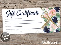 a gift certificate with flowers and scissors on it, sitting on top of a wooden table