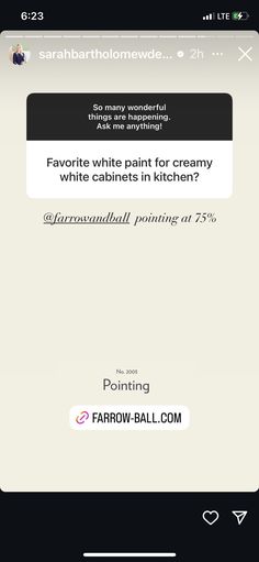 an iphone screen with the text favorite white paint for creamy white cabinets in kitchen