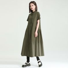 Sku CY-!119101 Material Cotton Style Irregular Feature Solid Color Neckline Stand Collar Occasion Going out , Casual , Vintage Seasons Spring, Summer, Autumn Type Midi Dress Color Black, Army Green, Light Khaki Size One size Size Chart: Please consult the size chart we provide for this item's measurements to help you decide which size to buy. Please note: There may be 1-3cm differ due to manual measurement. CM Bust Shoulder Sleeve Length One size 94 37 21 120 Casual Solid Midi Dress With Asymmetrical Hem, Casual Green Cotton Shirt Dress, Casual Green A-line Midi Dress, Khaki Short Sleeve Midi Dress, Casual Green A-line Shirt Dress, Casual Spring Khaki Maxi Dress, Casual Dark Green Midi Dress For Spring, Dark Green Knee-length Midi Dress For Summer, Casual Solid A-line Shirt Dress