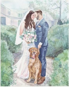 a watercolor painting of a bride and groom with their golden retriever on the path