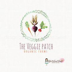 the veggie patch organic farms logo is shown on a white background with green leaves and carrots