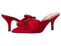 J. Renee Mianna - Women's Shoes : Red Satin : Stand out from the crowd this season wearing the J. Renee Mianna pumps. Pointed-toe silhouette. Knotted bow detail across toes. Wrapped stiletto heel. Slip-on construction. Soft fabric upper. Man-made lining and padded footbed. Synthetic outsole. Imported. Measurements: Heel Height: 3 in Weight: 7 oz Product measurements were taken using size 9, width M (B). Please note that measurements may vary by size. Weight of footwear is based on a single item, Formal Spring Heels With Red Sole, Formal Red Sole Heels For Spring, Holiday Synthetic Heels, Chic Slip-on Heels With Red Sole, Red Evening Heels For Fall, Spring Event Red Heels, Fitted Red Heels For Events, Red Spring Formal Heels, Red Slip-on Formal Heels