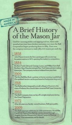 an advertisement for a brief history of the mason jar, with information about its origin