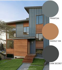 the exterior of a modern home with different colors and materials to choose for it's exterior