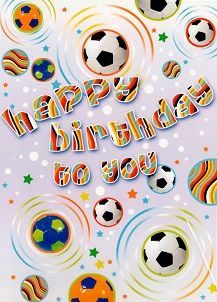 a birthday card with soccer balls and stars