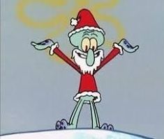 a cartoon character wearing a santa hat and holding his arms in the air