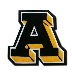 an embroidered patch with the letter a in black, yellow and white letters on it