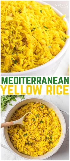 yellow rice in a white bowl with the words mediterranean yellow rice on top and below