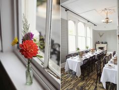 a dining room with long tables and flowers in a vase on the window sill