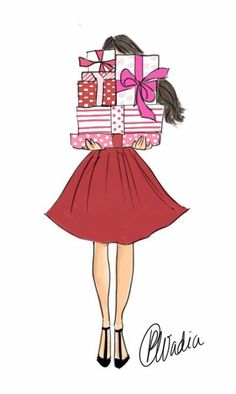 a drawing of a girl with presents on her head and hands behind her back to the camera