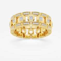 a yellow gold ring with diamonds on the sides and an interlocked design in the middle