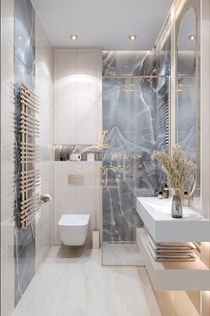 a modern bathroom with marble walls and flooring