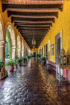 a long hallway with arches and potted plants on either side of the walkway,