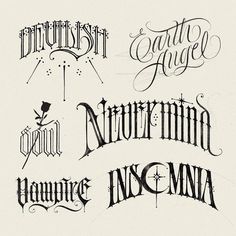 some type of calligraphy that is in different styles and font types, including the letters