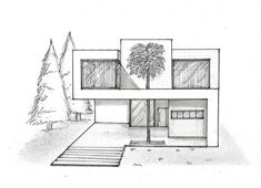 a drawing of a house with trees in the front yard and stairs leading up to it