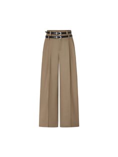 MO&Co. Women's Wool Blend Pleated Pants Suit up for autumn with these wide-leg pants. Designed in a straight silhouette, they're crafted from a wool blend that's naturally soft and comfortable, made considered with double belt loops, front pleats and centerfolds for tailored style. Features : - Belts included- Relaxed fit, wide legs, full length- Back welt pockets, slanted pockets Code: MBC3PATK04The back length of size M is 108cmMATERIALS & CARE Material: 50.8% Polyester 49.2% WoolPlease remove Gucci Cotton Pants For Workwear, Tailored Pants Women, Pleated Wide Leg Pants, Pants With Belt, Tailored Style, Office Pants, Double Belt, Button Pants, Baggy Trousers