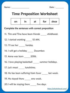 the time preposition worksheet for students to practice their english and spanish writing skills