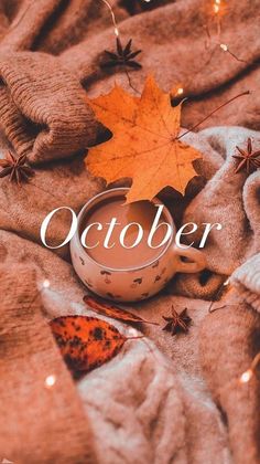 an autumn scene with leaves and a tea cup on a blanket that says october in white lettering