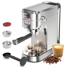 an espresso machine with three different types of coffee