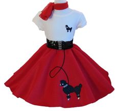 "2 pc. Poodle Skirt Outfit includes: 1) Poodle Skirt - Acrylic felt, iron on poodle, sewn on rick rack leash 10/12 - Waist (24\"-30\") Length (22\") 14/16 - Waist (26\"-32\") Length (24\") 2) White T-Shirt - White cotton with a poodle applique or monogram initial **If you prefer an initial instead of a poodle on the t-shirt or have any other special requests please let me know in the message box at checkout...thank you .**" Sock Hop Costumes, Poodle Applique, Poodle Skirt Outfit, Teal Skirt, 50s Outfits, Girls Costumes, Poodle Skirt, Fifties Fashion, Red Chiffon