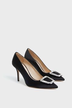 Black Sophia Jewel Buckle Satin Heels | Emilia Wickstead Emilia Wickstead, Satin Heels, 5 Inch Heels, Signature Style, Satin Fabric, The 3, Fabric Material, Calf Leather, Stiletto Heels