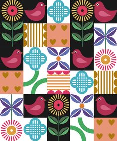 an abstract pattern with birds and flowers on it's black, white, pink, yellow and green background