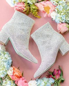 Glamorous Crystal-embellished Spring Boots, Glamorous Crystal Embellished Spring Boots, Glamorous Sparkling Ankle Boots, Silver Ankle Boots, Shoe Closet, Satin Material, New Shoes, Betsey Johnson, Wedding Shoe