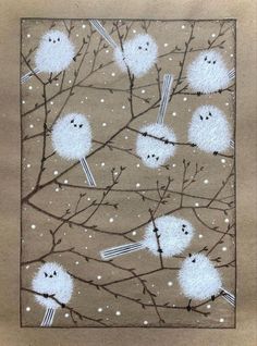 a piece of art with white birds on branches and snow flakes in the background