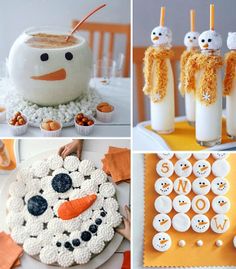 there are four different pictures of snowmen and cupcakes on the table together