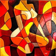 an abstract painting with red, yellow and orange colors