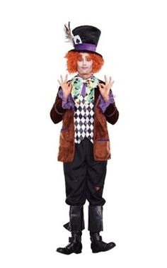 a clown with red hair wearing a top hat and holding his hands up