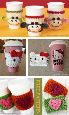 crocheted coffee cups with hello kitty on them