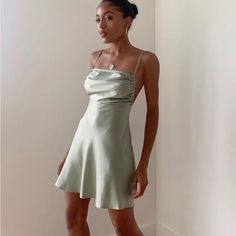 Bnwt Macy’s Danielle Bernstein Sage Green Satin Mini Dress In A Size 4. Retailed For $89, No Longer Sold. Sage Green Dress Formal, Green Satin Mini Dress, White Cotton Summer Dress, Black Flapper Dress, Sparkle Mini Dress, Recruitment Outfits, Black Sequin Mini Dress, Sage Green Dress, Macy Dresses