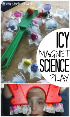 the science play is made with ice cubes and plastic toys to help kids learn how to