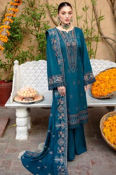 Ramsha R-707 Reet Karandi Collection Elegant Wedding Suits With Digital Print, Traditional Palazzo Set With Digital Print For Wedding, Blue Digital Print Kurta For Wedding, Blue Wedding Kurta With Digital Print, Traditional Wedding Palazzo Set With Digital Print, Elegant Digital Print Suits For Eid, Blue Digital Print Lawn Suit For Wedding, Festive Fitted Suit With Printed Motifs, Traditional Blue Unstitched Suit With Digital Print