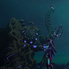 an animated character standing in front of a giant machine under the ocean water with blue lights