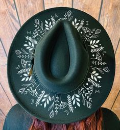 "Welcome to Witchwood's brand new XL wide brim hats! These hats have our biggest brim yet! They are made of sturdy vegan felt and are all hand printed.   Vegan Felt Size: 23\" (but size is adjustable and can be sized down, inside the hat) PLEASE NOTE: These hats have a bit more \"give\" to the circumference and can fit a slightly bigger size than our other wide brim hats Brim - 3.75\" wide Hat Color - Black Print Color - White" Tovad Ull, Cowboy Hat Design, Wide Hat, Custom Cowboy Hats, Goth Witch, Felt Cowboy Hats, Painted Hats, Chapeau Cowboy, Wide Brim Hats