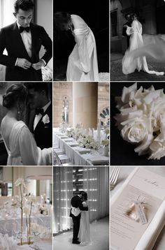 black and white wedding collage with bride and groom