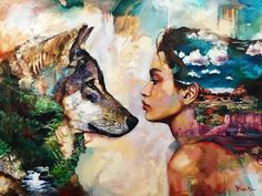 a painting of a woman with a wolf on her shoulder looking at it's face