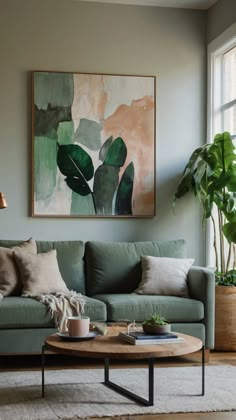 a living room with a couch, coffee table and potted plant on the wall