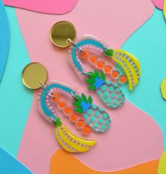 Banana Earrings, Diy Festival, Hand Painted Pattern, Cut Pineapple, Contemporary Handmade Jewelry, Earring Inspiration, Banana Fruit, Mirrored Acrylic, Quirky Jewelry