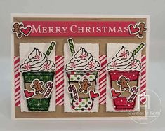 a christmas card with three cups of ice cream and gingerbreads on them,