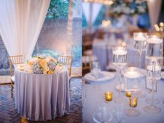 the table is set up for a wedding reception with white linens and gold candles