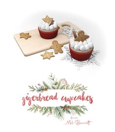 two gingerbread cupcakes on a cutting board with christmas decorations around the edges