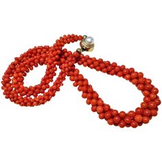 On offer is this beautiful Deep Red Mediterranean Coral Necklace featuring perfect weaving of genuine dark red coral gems into a flexible and very comfortable necklace that resembles a thick rope. The round coral gems are woven together and finished with a gold vermeil (gold wash over 800 Silver) box clasp with a genuine white cultured pearl cabochon. The red coral beads are natural and undyed. These lovely red gems from the depths of the Mediterranean Sea have still retained their luster so the Red Coral Single Strand Round Necklace, Elegant Multi-strand Red Coral Jewelry, Round Red Coral Single Strand Necklace, Round Single Strand Red Coral Necklace, Elegant Red Coral Round Necklace, Hand-strung Round Red Coral Jewelry, Beaded Rope Necklace, Red Gems, Thick Rope