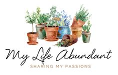 the words, my life abundant sharing my passions are surrounded by potted plants